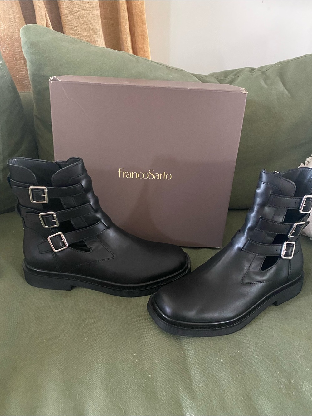 Franco Sarto Black Leather Triple-Buckle Moto Ankle Boots